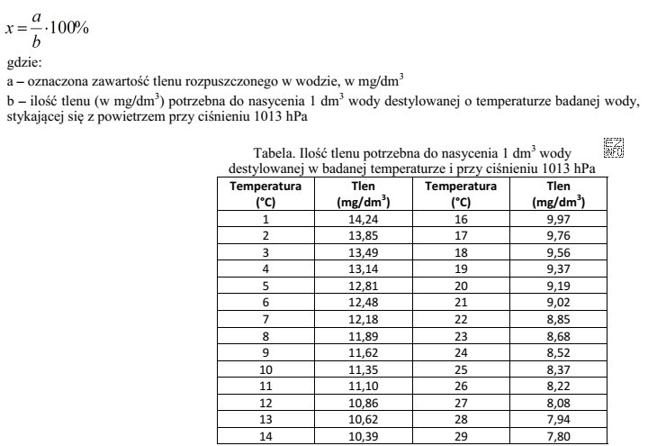 Oblicz na podstawie zamieszczonego wzoru zawartość tlenu w procentach nasycenia, 