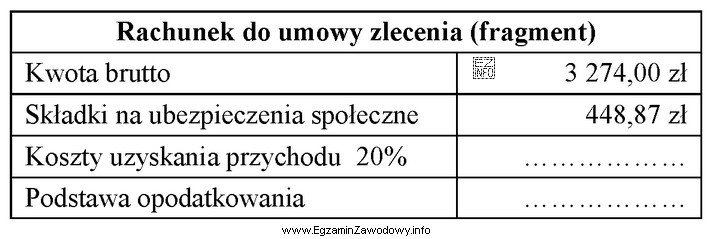 Na podstawie fragmentu rachunku do umowy zlecenia oblicz podstawę opodatkowania 