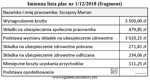 Na podstawie fragmentu listy płac nr 1/12/2018 ustal podstawę opodatkowania.