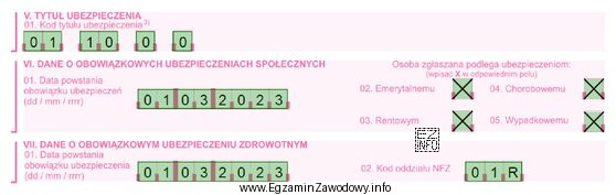 Fragment formularza informuje, że do obowiązkowych ubezpieczeń społecznych 