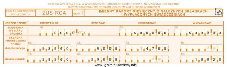 Na podstawie danych w przedstawionym fragmencie formularza ZUS RCA łączna 
