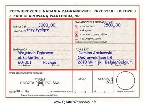 Na podstawie zamieszczonego potwierdzenia nadania można stwierdzić, że