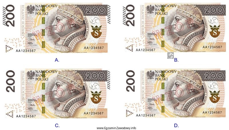 Który rysunek przedstawia prawidłowy wzór banknotu o 