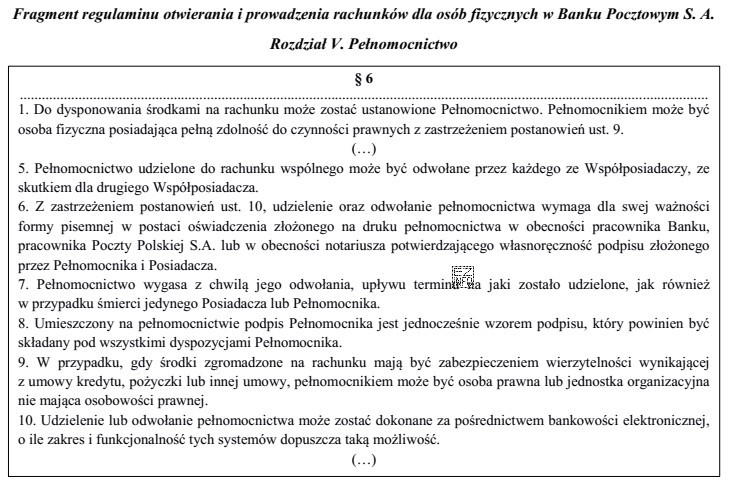 Zgodnie z zamieszczonym fragmentem regulaminu, pełnomocnictwo do rachunku