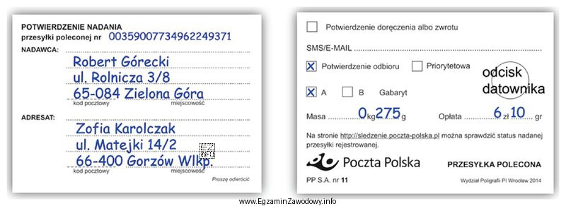 Analizując przedstawione potwierdzenie nadania można stwierdzić, że