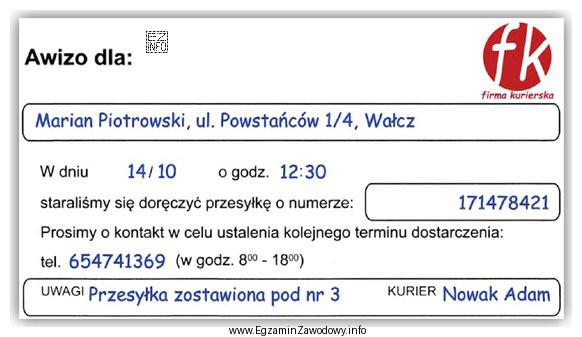 Na podstawie analizy zamieszczonego awiza można stwierdzić, że