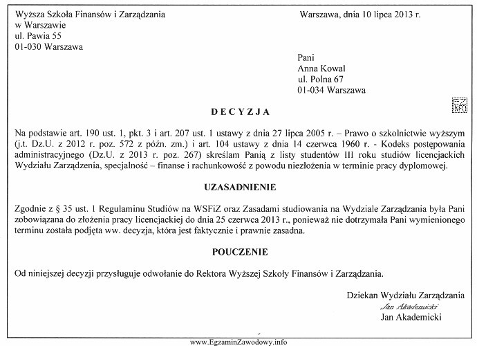 Przedstawiona decyzja nie zawiera koniecznego elementu decyzji administracyjnej, którym 