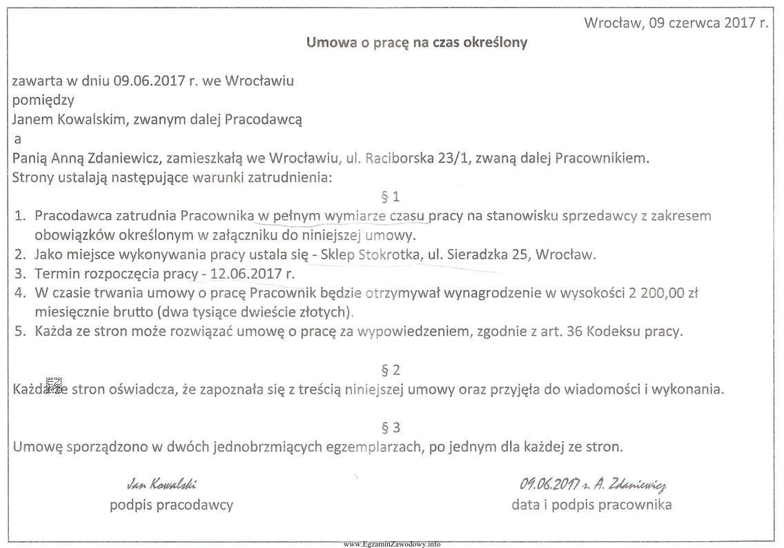 W przedstawionej umowie o pracę brakuje informacji