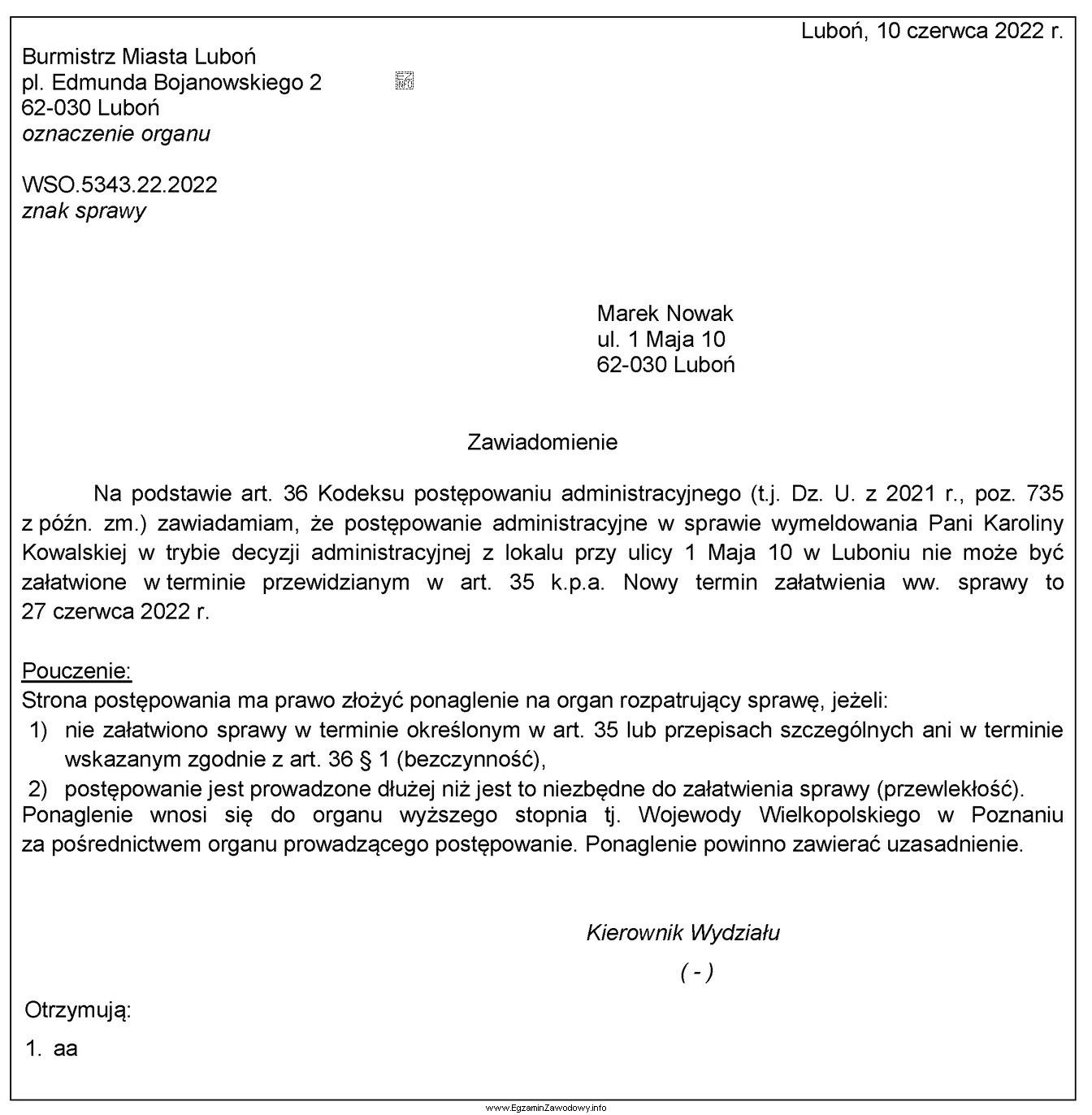 O jaką informację należy uzupełnić przedstawione zawiadomienie, aby 