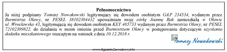 Na podstawie zamieszczonego pełnomocnictwa określ, który rodzaj 