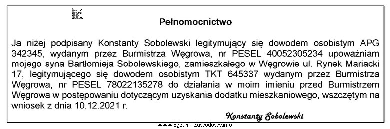 Na podstawie zamieszczonego pełnomocnictwa określ, który rodzaj 