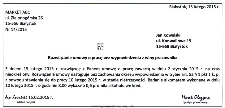 Przedstawione pismo w sprawie rozwiązania umowy o pracę bez 