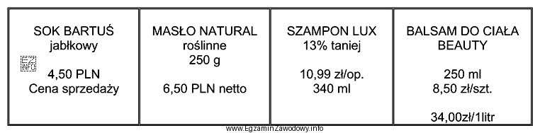 Wskaż towar, dla którego wywieszka cenowa została sporzą