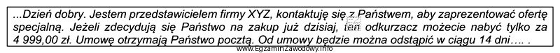 Którą formę sprzedaży prezentuje fragment rozmowy sprzedażowej?
