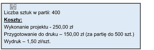 Oblicz koszt jednostkowy ulotki na podstawie załączonych danych.