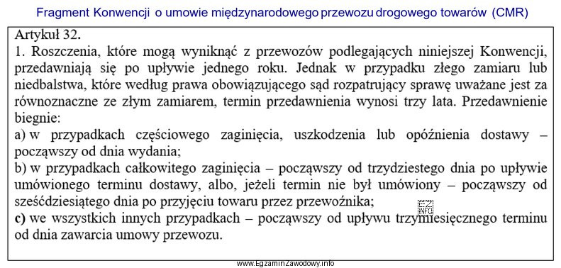 Na podstawie fragmentu konwencji CMR, okres przedawnienia roszczeń z umowy 