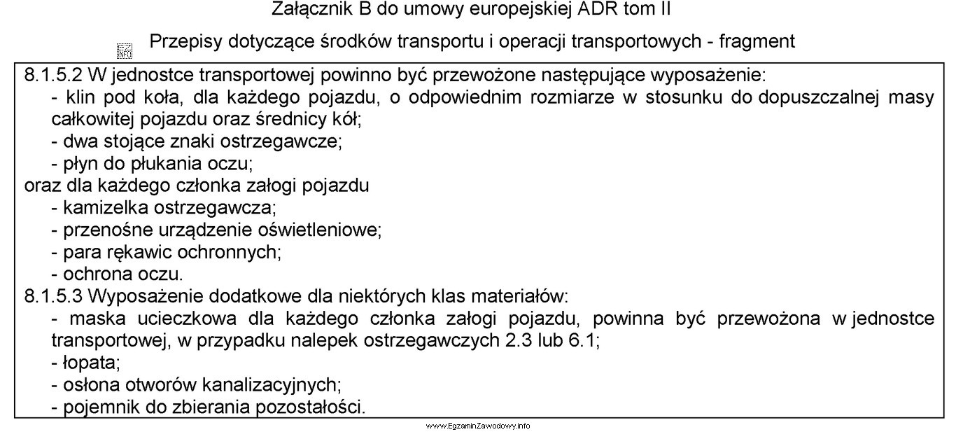 Wymienione w przepisach wyposażenie dotyczy środków transportu 