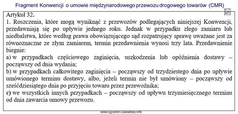Na podstawie fragmentu konwencji CMR, okres przedawnienia roszczeń z umowy 