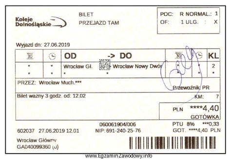 Z danych zamieszczonych na przedstawionym bilecie kolejowym wynika, że pasaż