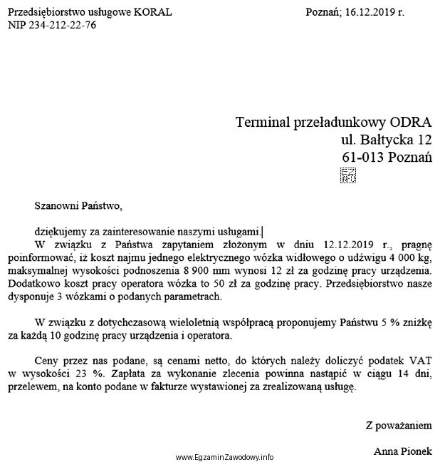 Której informacji <i>nie zawiera</i> przedstawiona oferta?