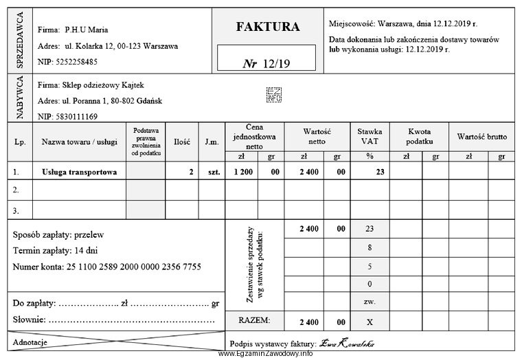 Ile wyniesie kwota podatku w przedstawionej fakturze?