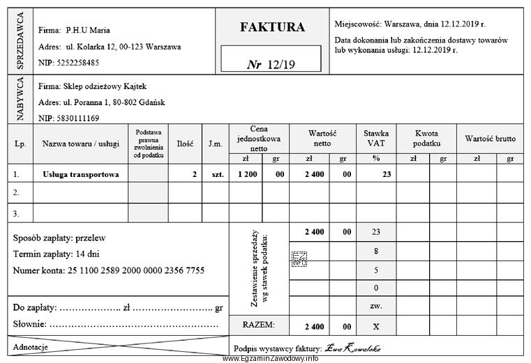 Ile wyniesie kwota podatku w przedstawionej fakturze?