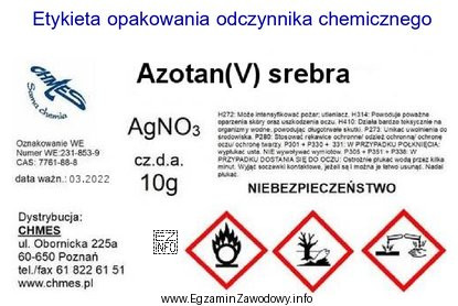 Z informacji zawartych na przedstawionej etykiecie opakowania odczynnika chemicznego wynika, ż
