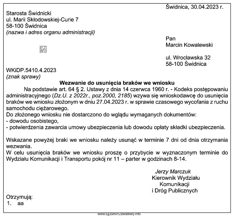 O którą informację należy uzupełnić treść zamieszczonego 