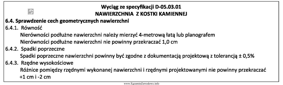 Nawierzchnia drogi ma 2% dwustronne pochylenie poprzeczne. Pochylenia poprzecze nie speł