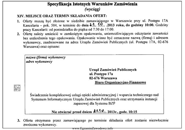 Na podstawie przedstawionego fragmentu Specyfikacji Istotnych Warunków Zamówienia 