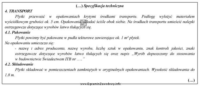 Na podstawie wyciągu ze specyfikacji technicznej wykonania i odbioru 