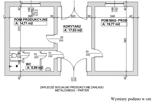 Jaką szerokość mają drzwi do pomieszczenia produkcyjnego na przedstawionym rysunku?