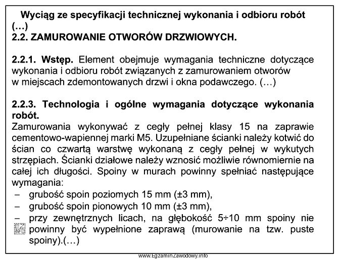 Na podstawie fragmentu specyfikacji technicznej określ warunki, jakie powinny 