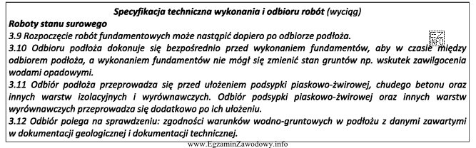 Na podstawie przedstawionego wyciągu ze specyfikacji technicznej wskaż etap 