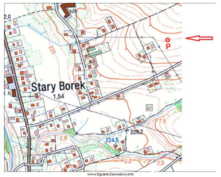 Na mapie topograficznej w skali 1:10000 wysokość punktu oznaczonego literą P 