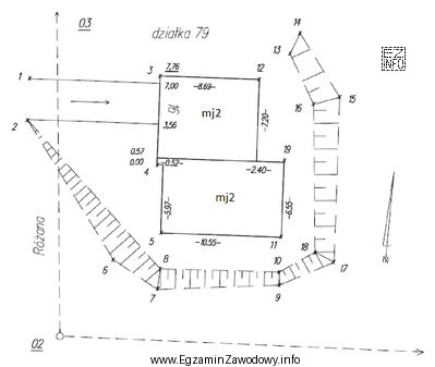 Rysunek przedstawia fragment szkicu z sytuacyjnego pomiaru terenowego wykonanego metodą