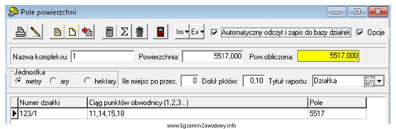 Na podstawie danych z widoku okna dialogowego z programu geodezyjnego 
