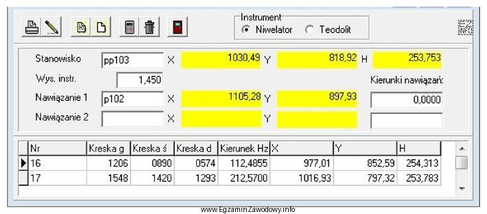 Przedstawione okno dialogowe z programu do obliczeń geodezyjnych, wskazuje na 