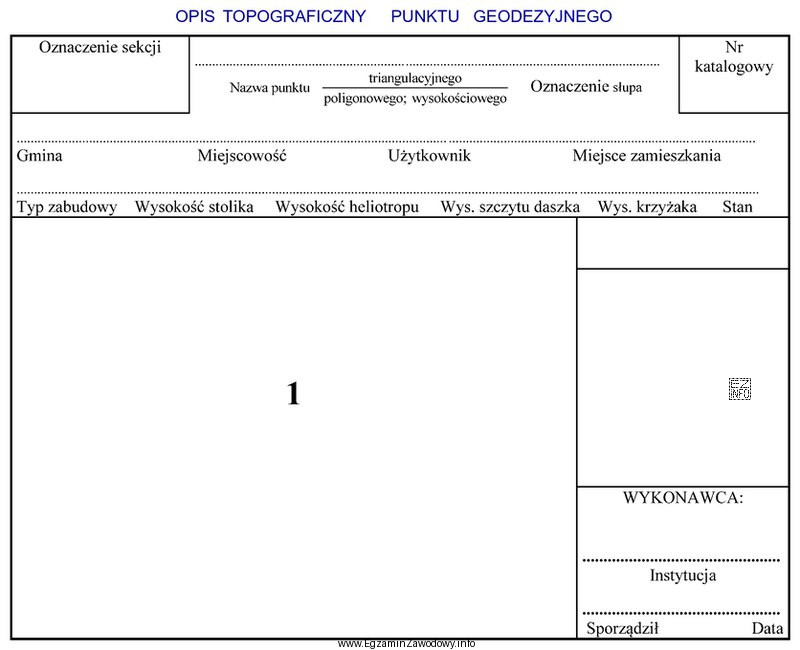 W opisie topograficznym punktu geodezyjnego w polu oznaczonym numerem 1 należ