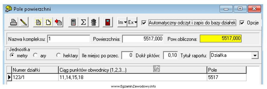 Na podstawie danych z programu geodezyjnego określ, ile wynosi 