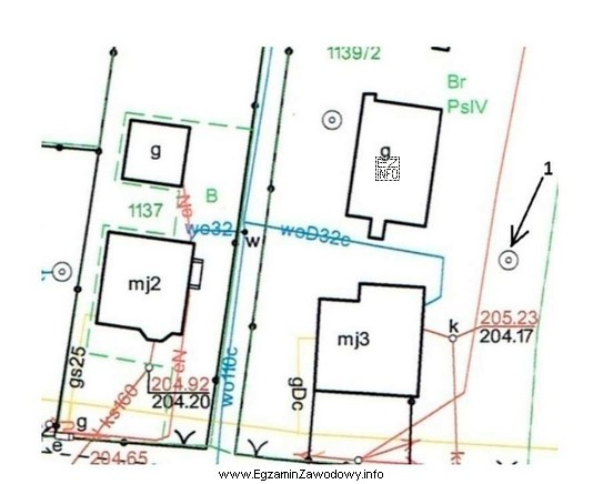 Na przedstawionym fragmencie mapy zasadniczej cyfrą 1 oznaczono