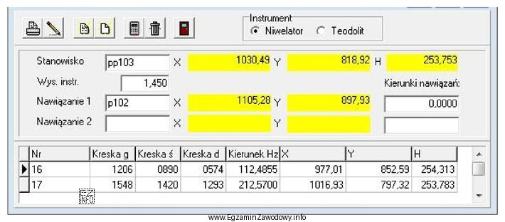 Przedstawione okno dialogowe z programu do obliczeń geodezyjnych, wskazuje na 