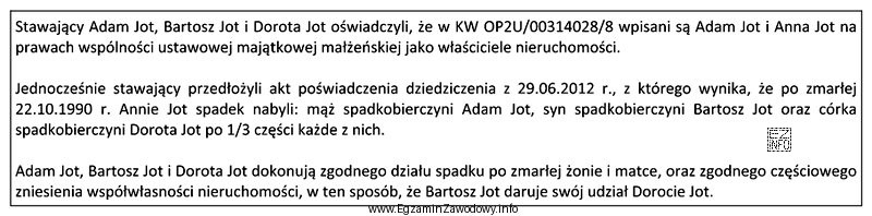 Na podstawie przedstawionego streszczenia Umowy o dział spadku i czę