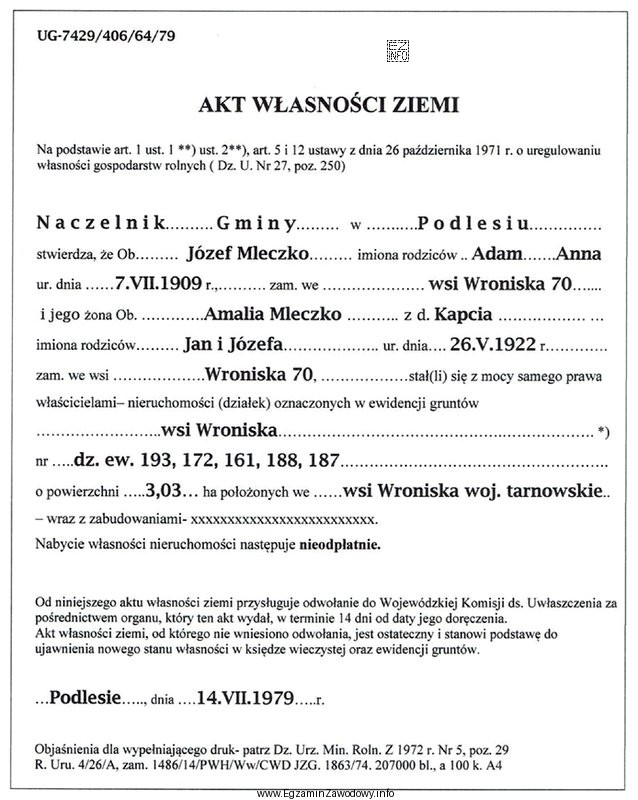 Na podstawie aktu własności ziemi określ tryb, 
