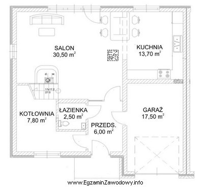 Jaka jest łączna powierzchnia salonu i kuchni przedstawionych na rzucie?