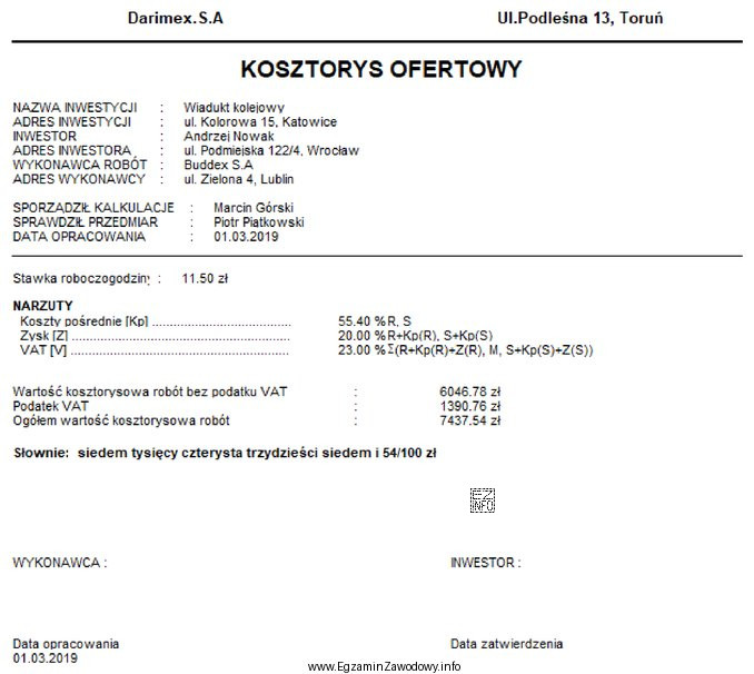 Na podstawie strony tytułowej kosztorysu ofertowego wskaż adres zamawiają