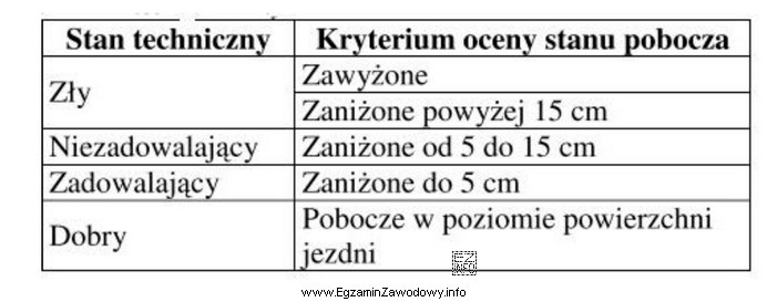 W trakcie przeprowadzania oceny stanu technicznego pobocza nieutwardzonego drogi odnotowano 