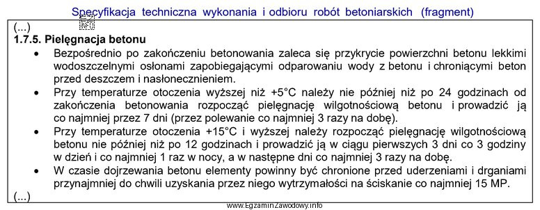Na podstawie fragmentu specyfikacji określ, po jakim czasie od 