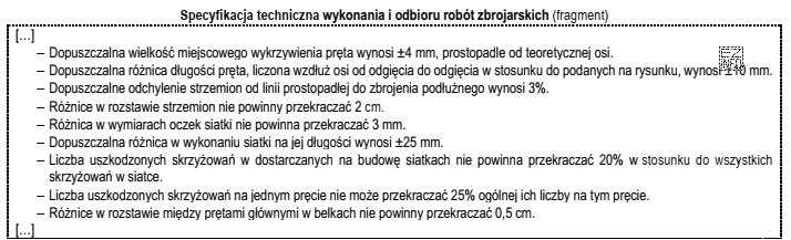 Na podstawie przedstawionego fragmentu specyfikacji technicznej określ, ile wynosi 