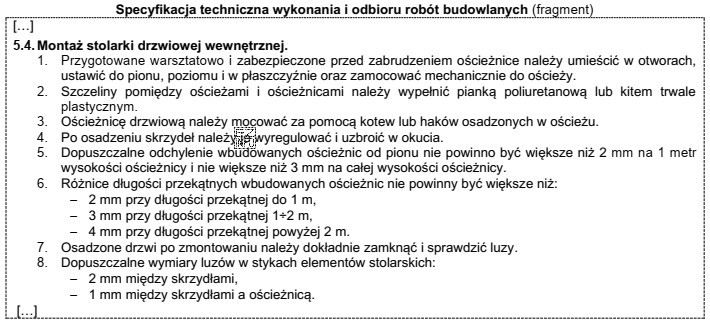 Na podstawie przedstawionego fragmentu specyfikacji technicznej, określ dopuszczalne maksymalne 